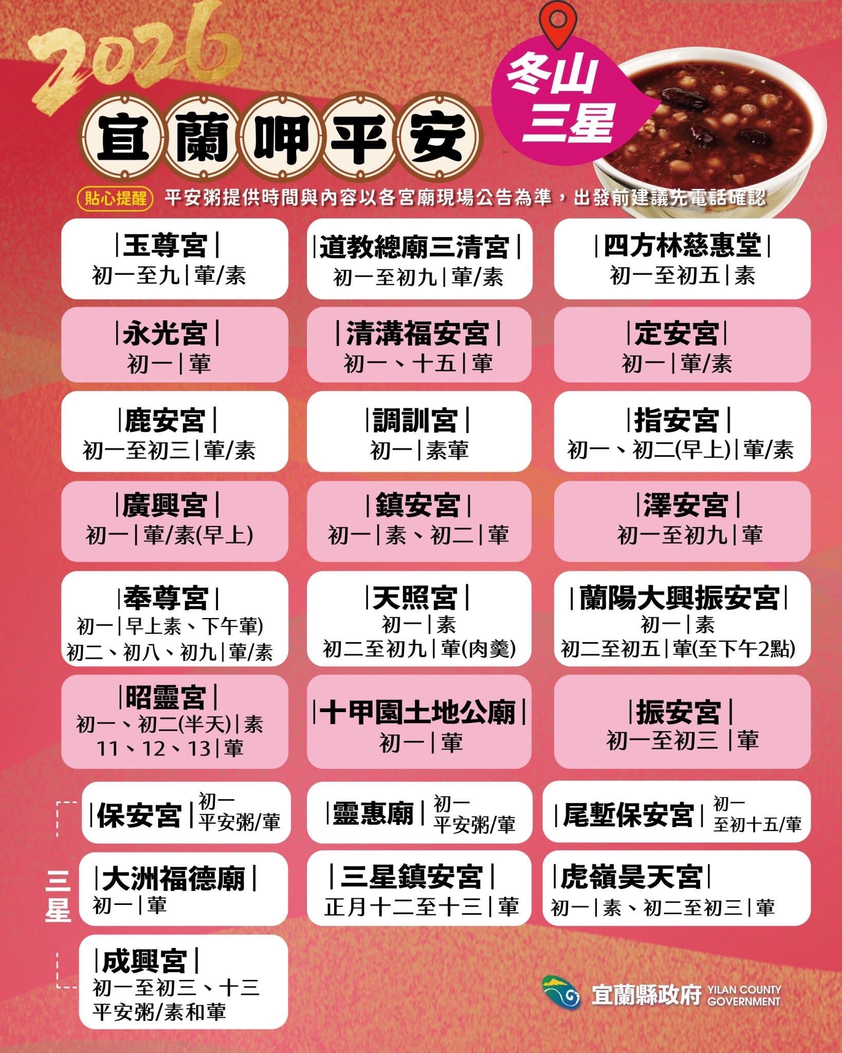 2026冬山&三星鄉平安粥時間 來源：宜蘭縣政府FB