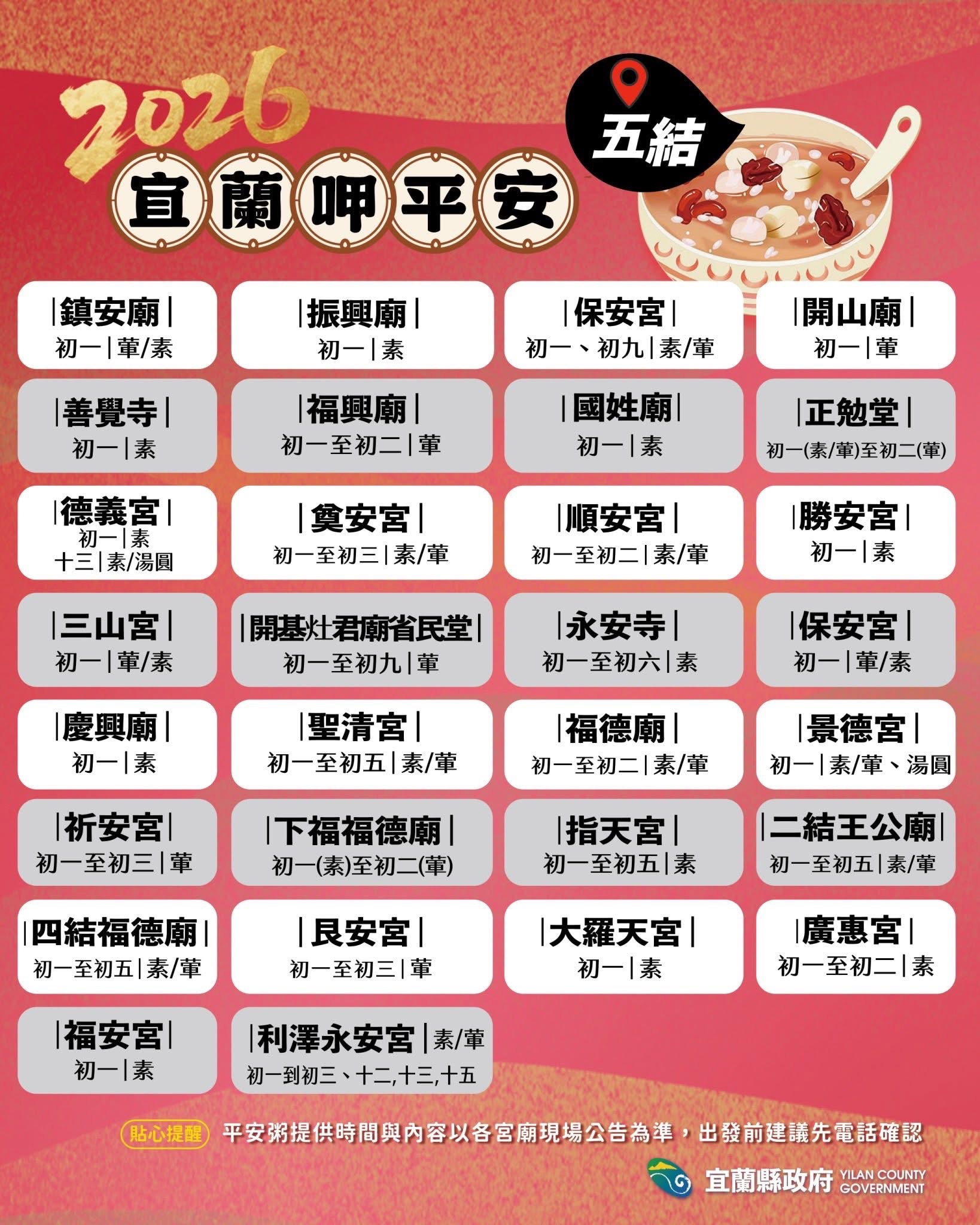 2026五結鄉鄉平安粥時間 來源：宜蘭縣政府FB